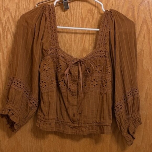 American Eagle Puff Sleeve Lace Blouse Women's Size S Brown Shirt - Picture 3 of 6